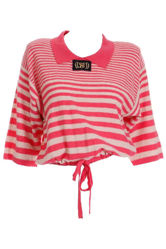 1980s Sonia Rykiel Striped Pink Wool Pullover Sweater Top w Drawstring