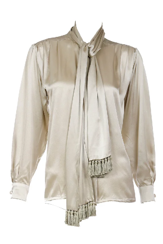 1990s Yves Saint Laurent Pale Green Taupe Silk Blouse w Fringed Sash