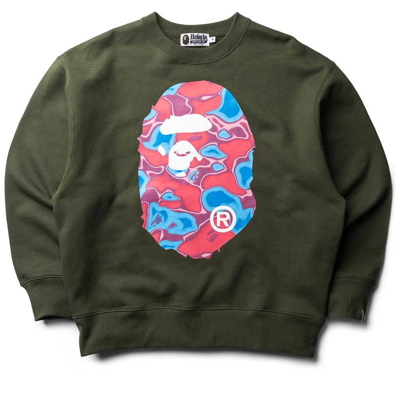 A Bathing Ape Liquid Camo Ape Head Crewneck - Olive