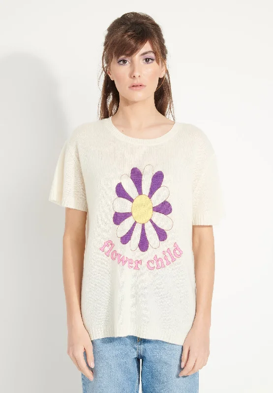 AVA 8 T shirt en cachemire déjaugé col rond manches courtes avec imprimé ""FLOWER CHILD"" blanc écru