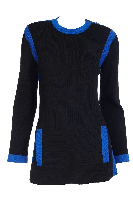 1980s Yves Saint Laurent Vintage Black and Blue Wool Pullover Sweater