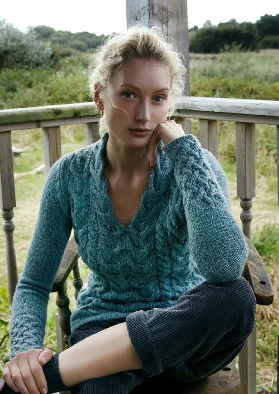 IrelandsEye Women's V Neck Aran Sweater | Ocean Mist