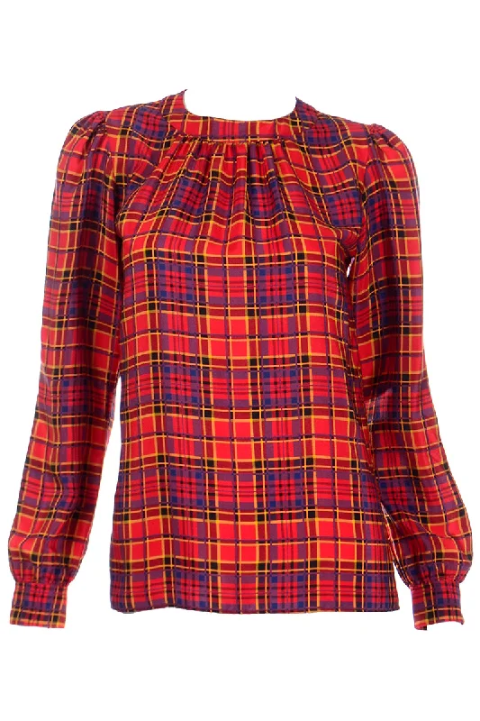 1970s Vintage Yves Saint Laurent Red Plaid Silk Blouse