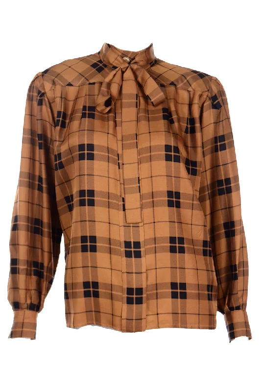 1980s Yves Saint Laurent Gold Plaid Silk Vintage Blouse