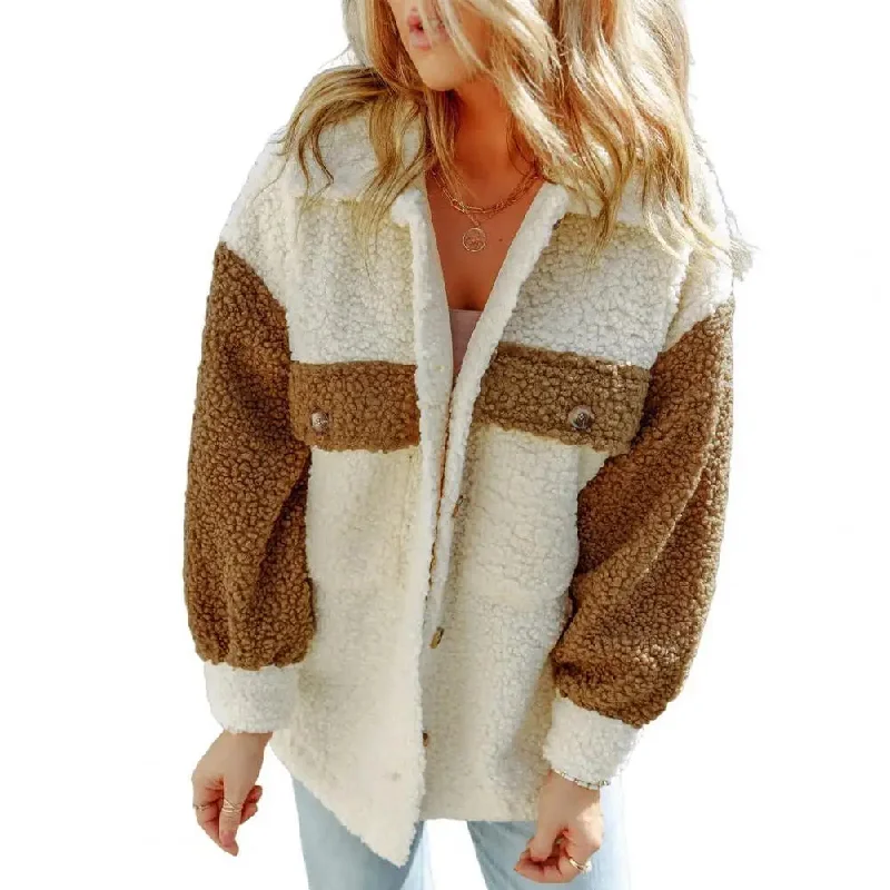 Autumn Winter Women Lapel Pockets Long Sleeve Single Breasted Color Block Furry Outwear Jacket Coat