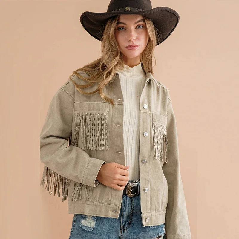 Streetwear Vintage Washed Long Sleeve Outerwear Fringe White Coat