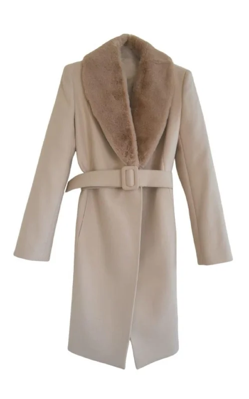 Faux Fur Collar Wrap Trench Coat