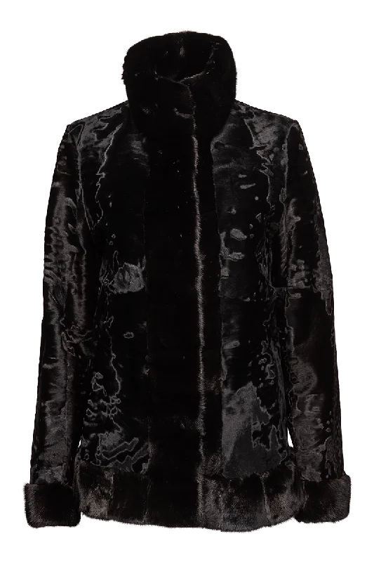 Black Russian Broadtail Fur Jacket - Black Star Mink Fur Details