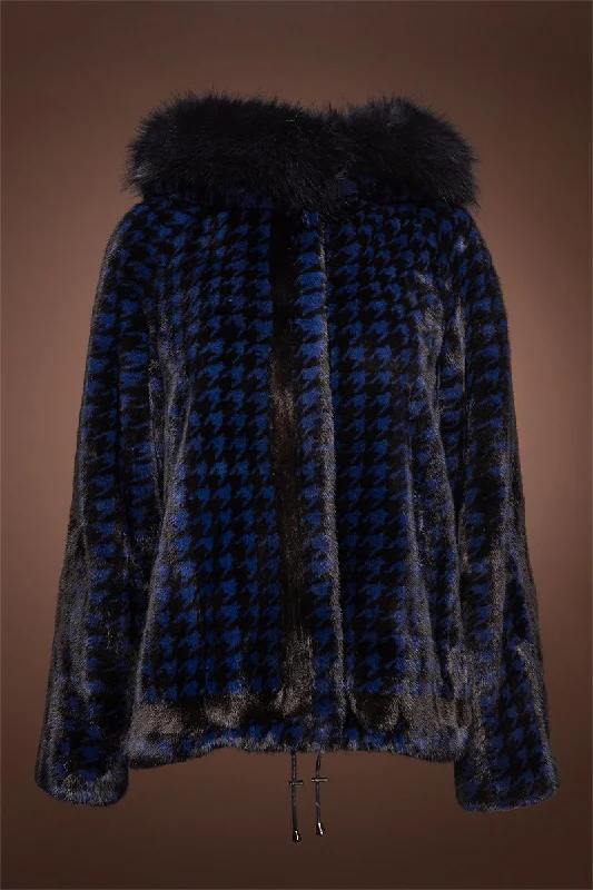 Royal Blue Houndstooth Print Mink Fur Jacket - Fox Fur Hood Trim