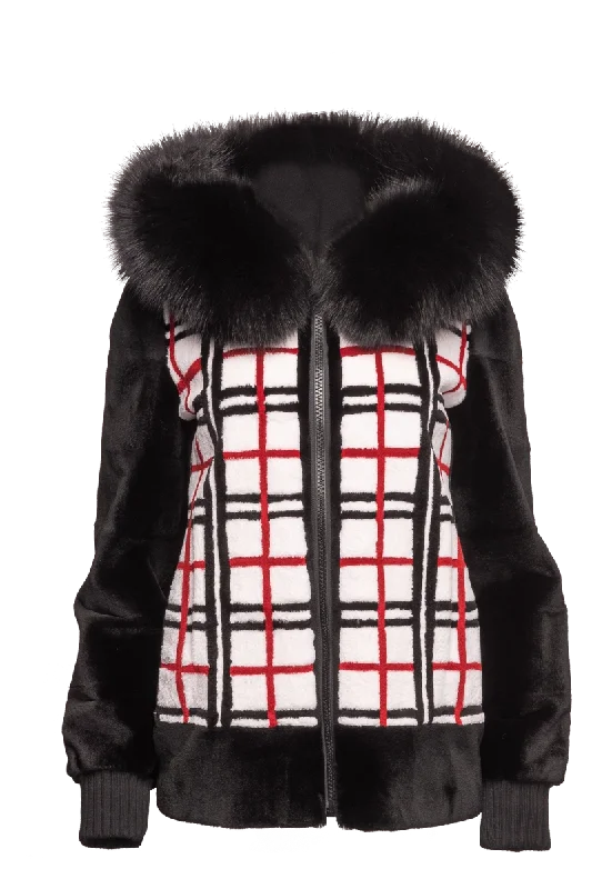 Reversible Plaid & Black Sheared Mink Fur Jacket - Fox Trimmed Hood