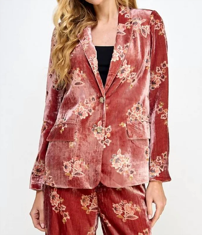 Floral Velvet Blazer In Red