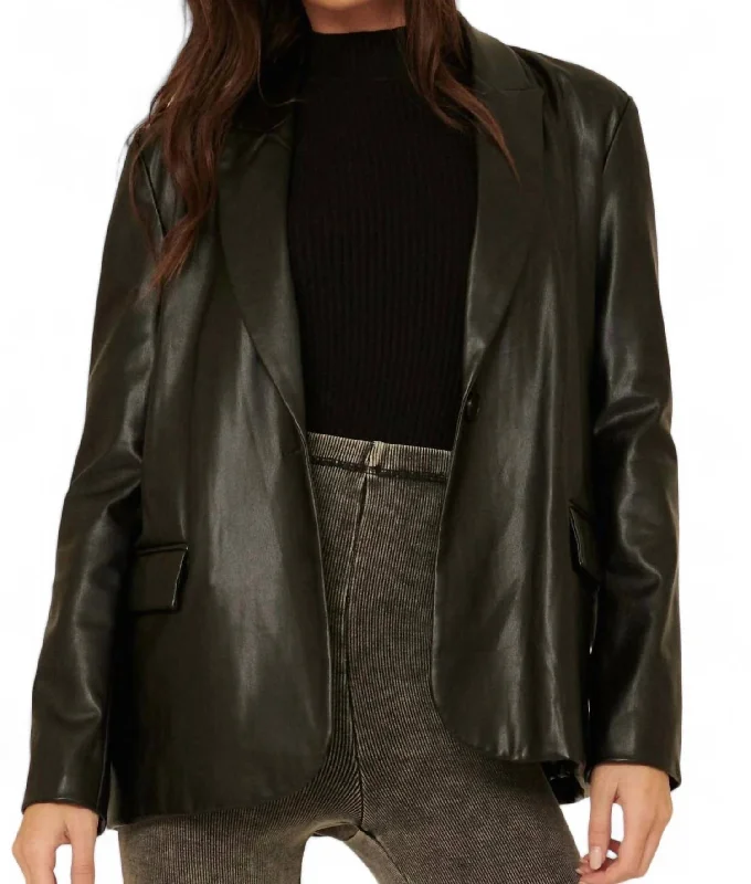 Kim Faux Leather Blazer With Pockets In Black