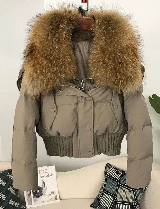 Luxe Warmth: Short women's duck down jacket with Natural fur - Stylish Winter Comfort