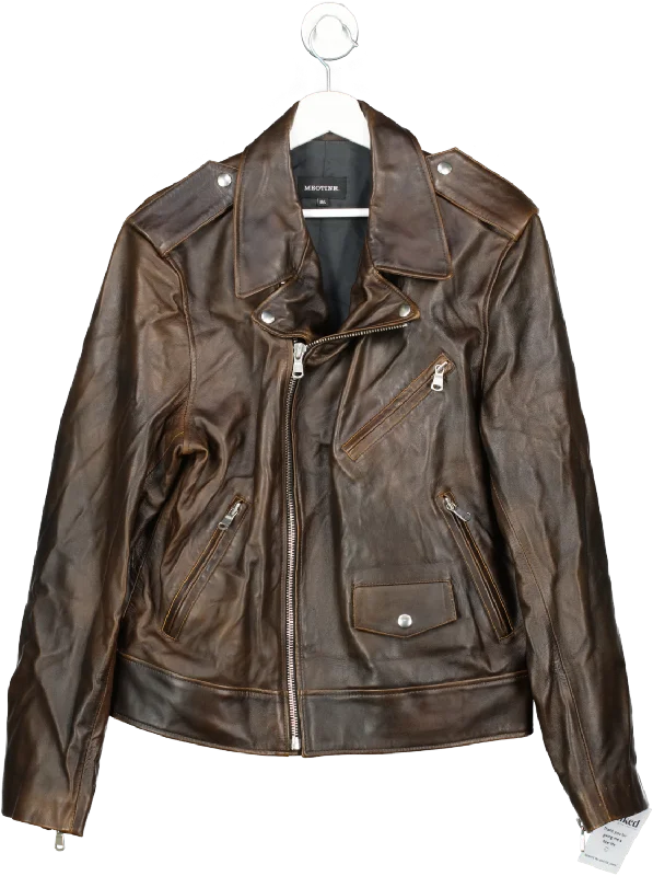 MEOTINE Brown Leather Biker Jacket UK M/L