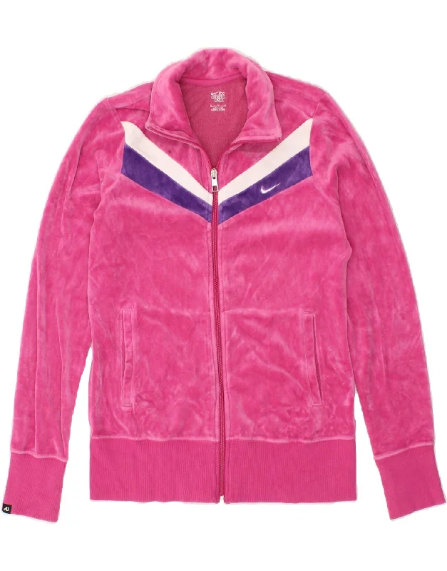 NIKE Womens Velour Tracksuit Top Jacket UK 14 Medium Pink Colourblock