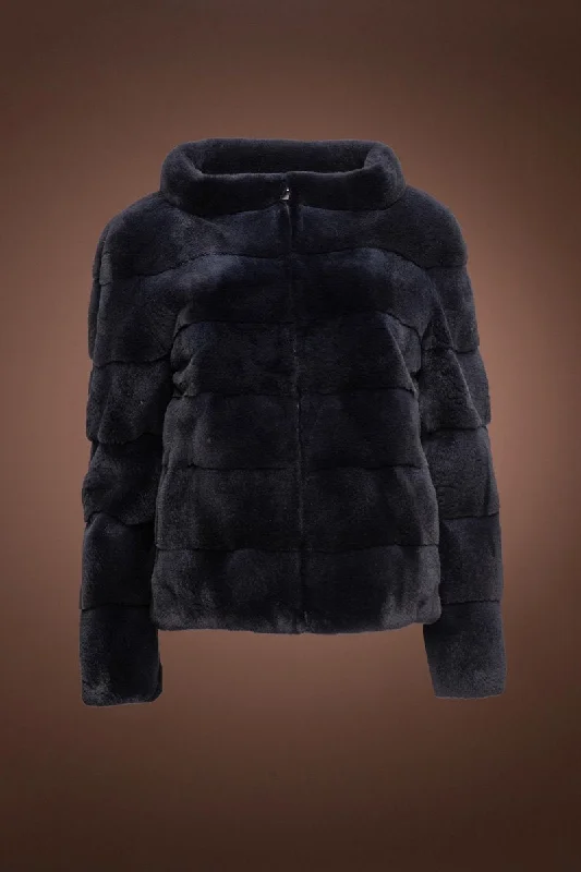 Horizontal Zip - Up Navy Blue Plucked Mink Fur Jacket