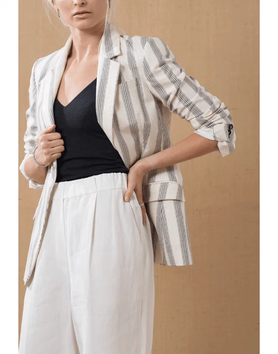 Striped Cotton Paillette Embroidered Blazer