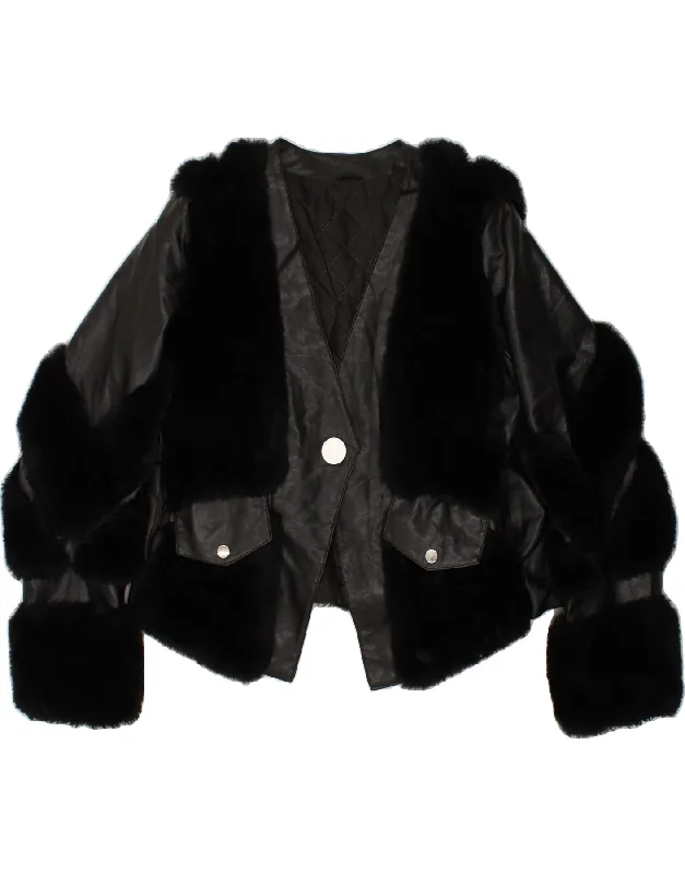 VINTAGE Womens Crop Faux Fur Bomber Jacket UK 14 Medium Black Acrylic