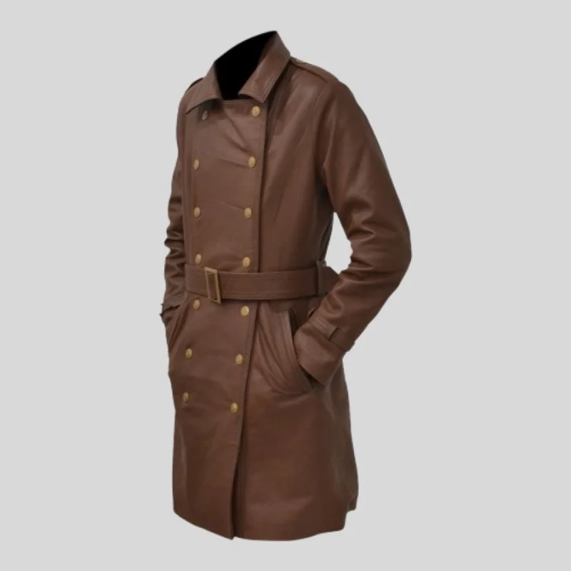 Women's Fashion Brown Trench Leather Coat