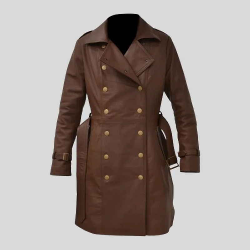 Women's Fashion Brown Trench Leather Coat