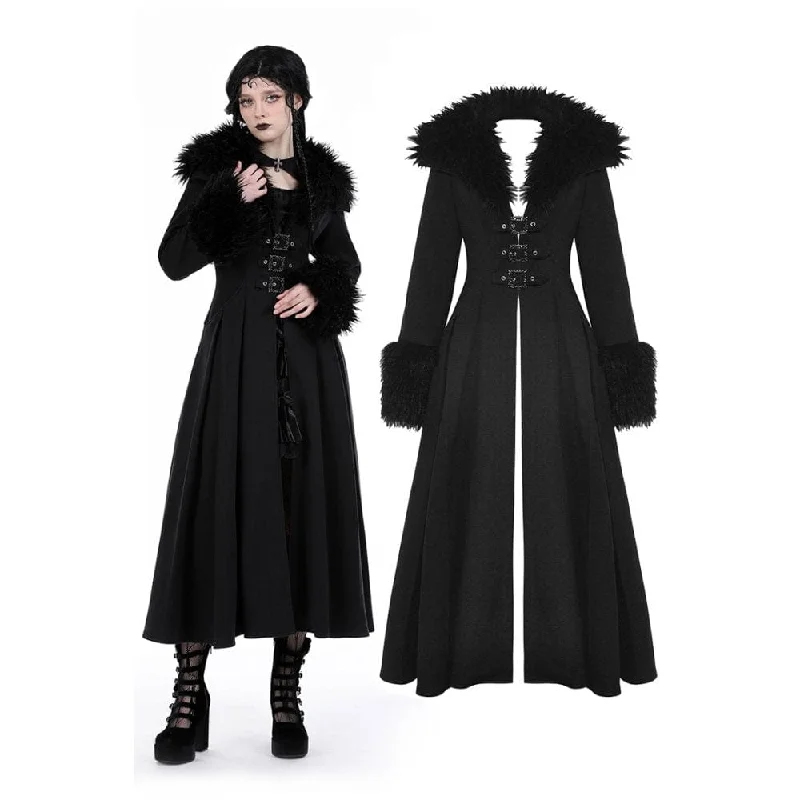 Women's Gothic Buckle Draped Coat with Faux Fur Collar