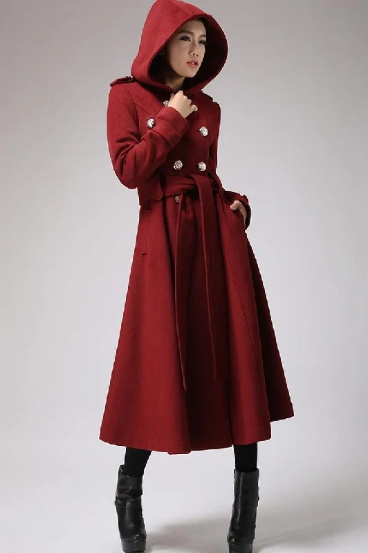 Womens's hooded Military coat in Red 0705#