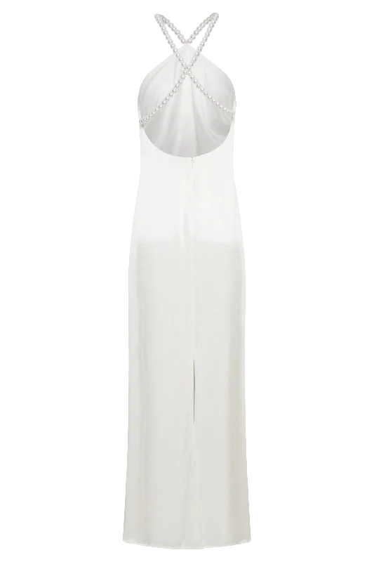 Blanche Satin Pearl Halter Maxi Dress - White