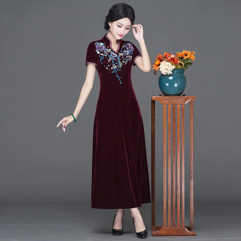 Cap Sleeve V Neck Floral Appliques Velvet Cheongsam Mother Dress