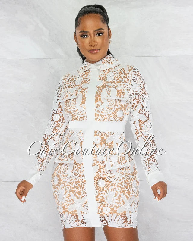 Connan White Crochet Collared Nude Illusion Luxe Dress