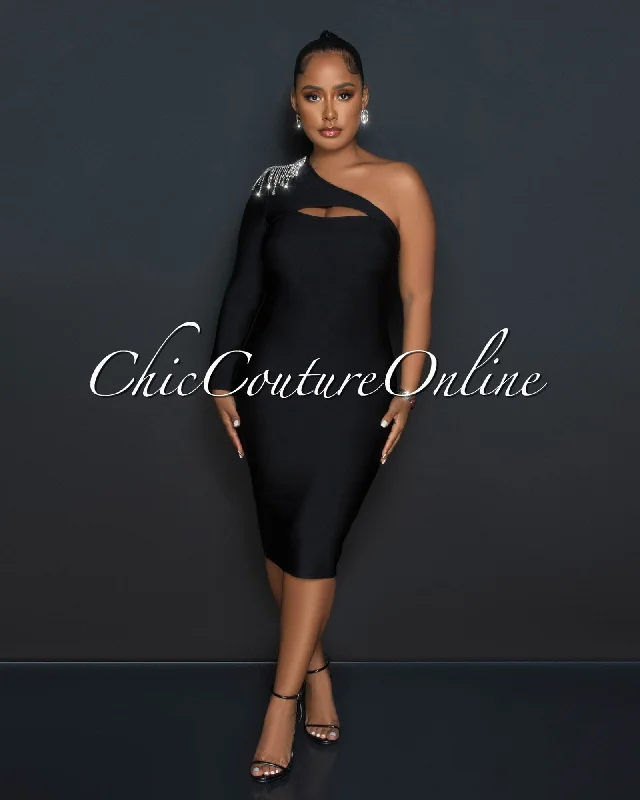 Dauna Black Key-Hole Rhinestones Fringe Single Sleeve Bandage Dress