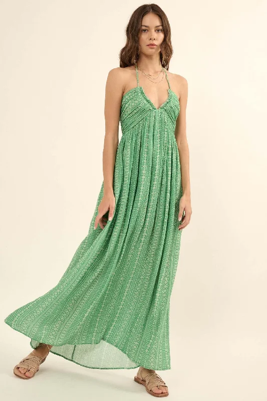 Explore More Geo-Print Tie-Back Halter Maxi Dress