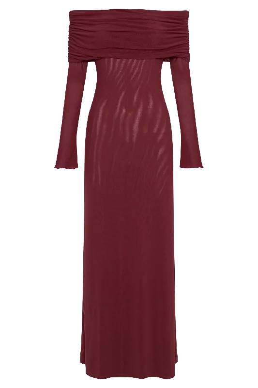 Josie Off Shoulder Mesh Maxi Dress - Wine