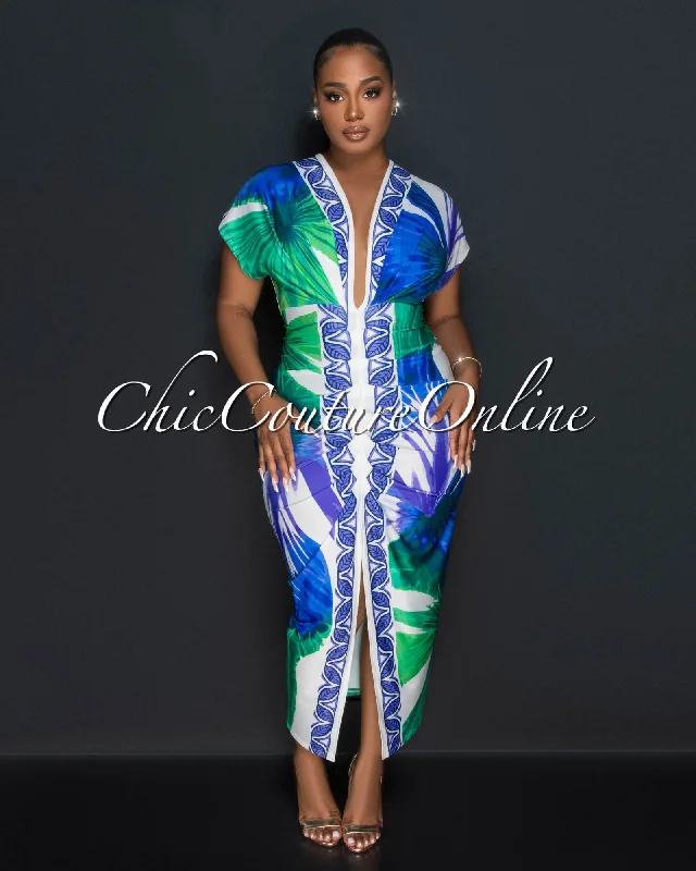 Kai Blue Purple Print Deep V Neck Draped Maxi Dress