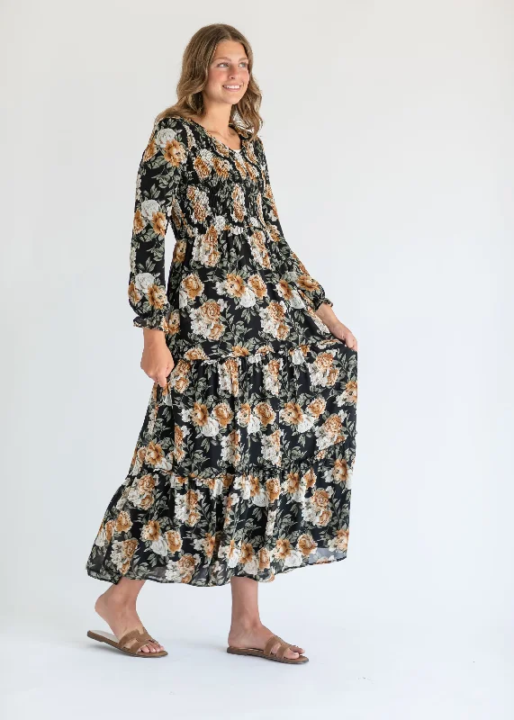 Long Sleeve Black Floral Maxi Dress