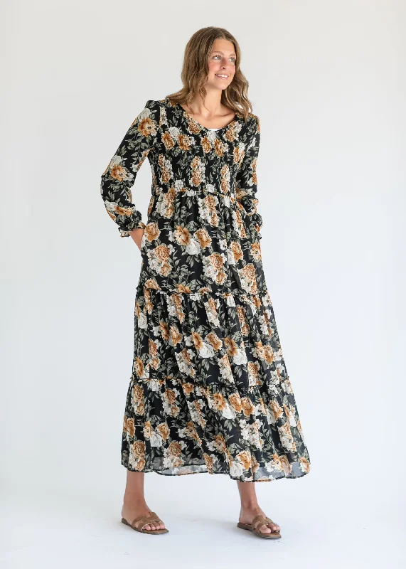 Long Sleeve Black Floral Maxi Dress