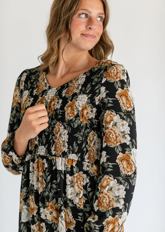 Long Sleeve Black Floral Maxi Dress