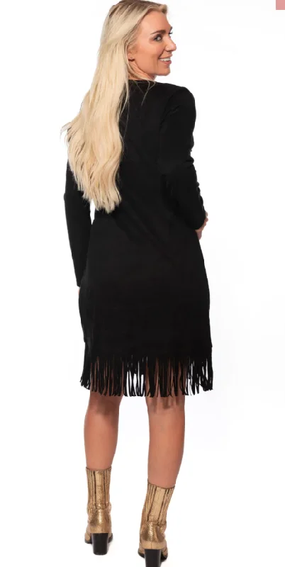 Lovlei Women's Payton UltraSuede Black Fringe Hem Dress