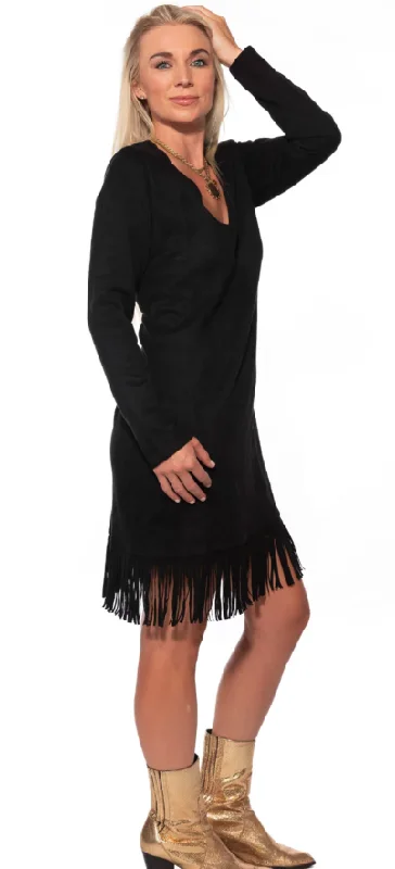 Lovlei Women's Payton UltraSuede Black Fringe Hem Dress