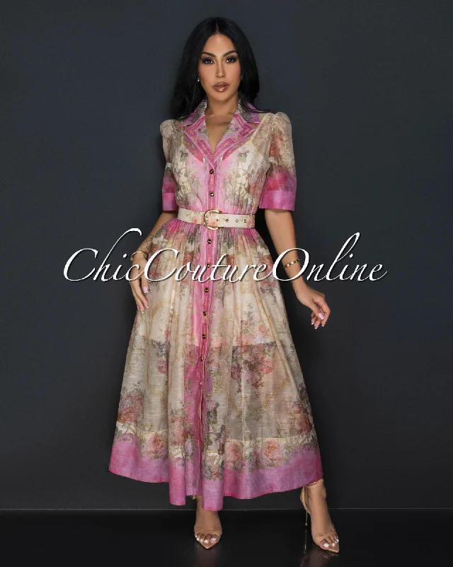 Rayne Pink Nude Floral Print Belted Maxi Dress