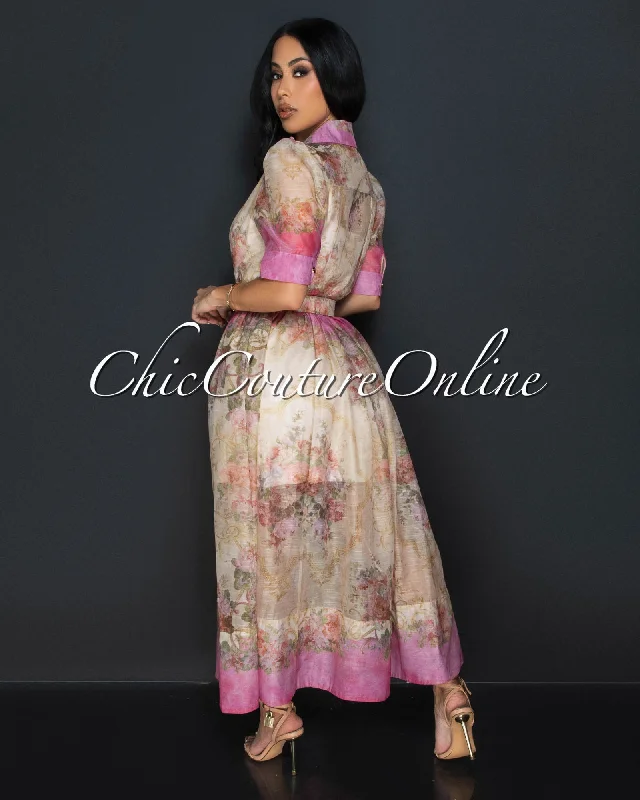 Rayne Pink Nude Floral Print Belted Maxi Dress