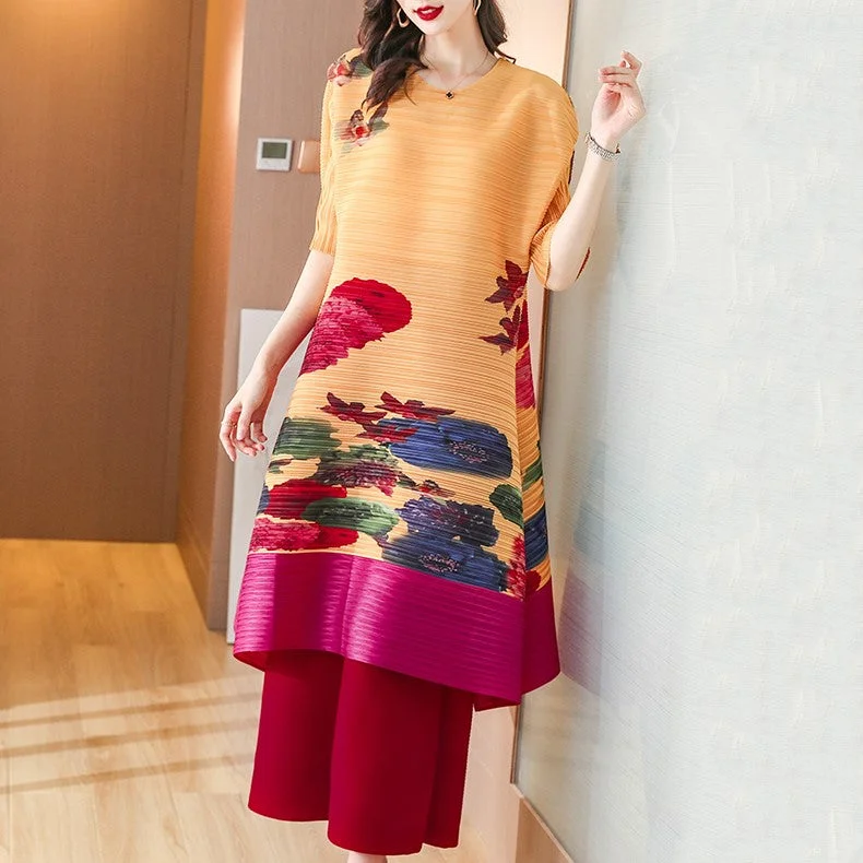 Round Neck Half Sleeve Folded Floral Chinese Style Casual Dress