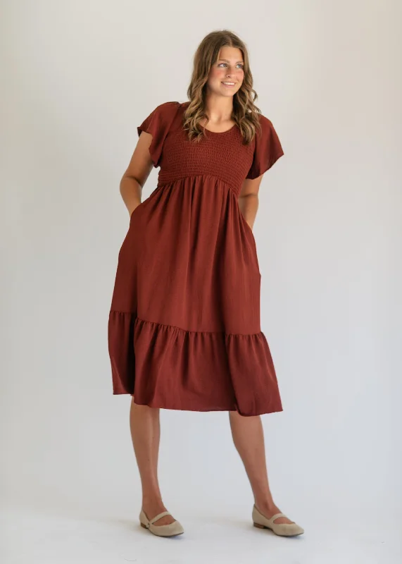 Smocked V-neck Flutter Sleeve Midi Dress