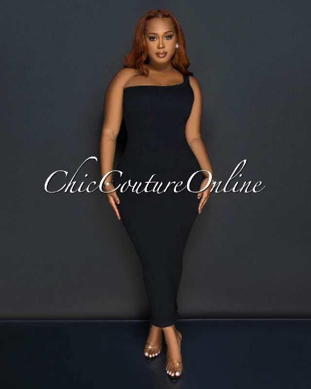 Thia Black Single Shoulder Ribbed Midi Dress