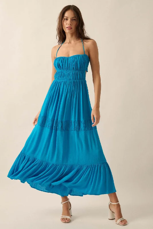 Tier to Stay Tiered Tie-Back Halter Maxi Dress