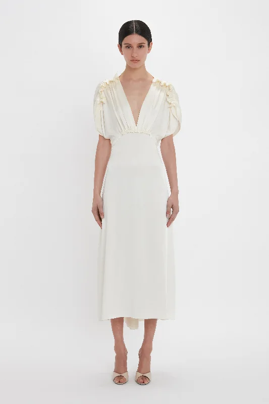 Exclusive V-Neck Ruffle Midi Dress In Ivory