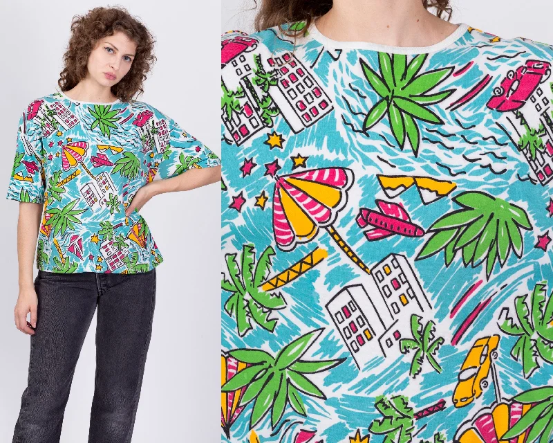 80s All Over Print Tropical Island Graphic T Shirt - Large