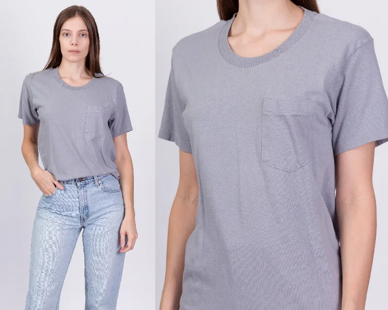 90s Plain Grey Unisex Pocket Tee - Small