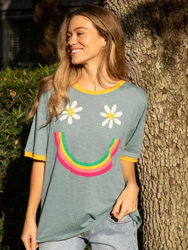 Ringer Oversized Tee Shirt - Dusty Blue Smiley