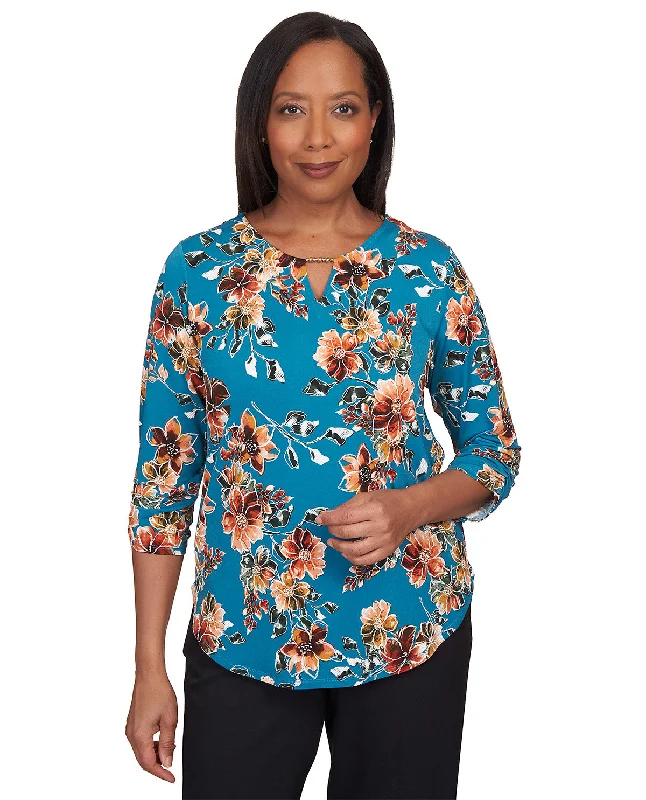 Alfred Dunner Key Item Teal Floral Knit Top