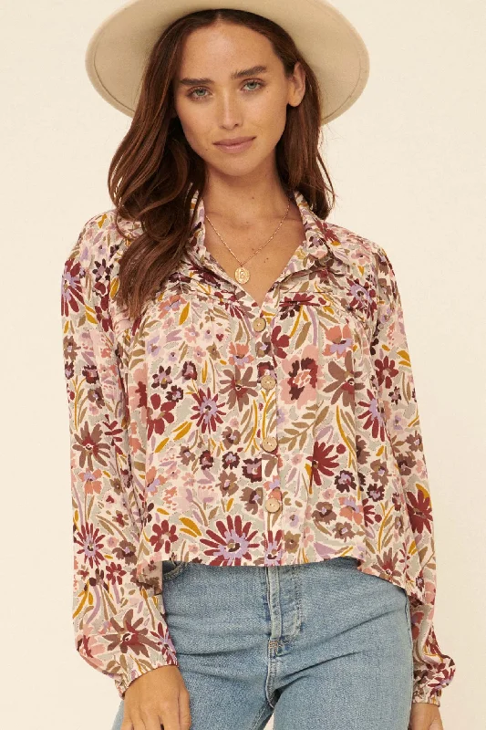 Bountiful Blooms Floral Button-Front Peasant Top